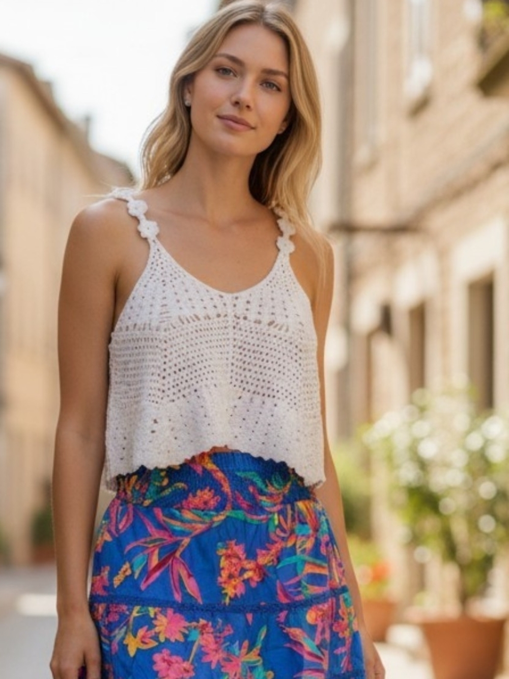 Rebellion White Crochet Tank with Floral Strap Detail